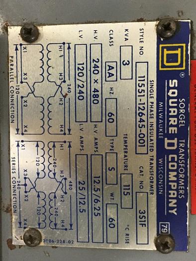 Used SQUARE D 3 KVA Dry Type Transformer 351F USED