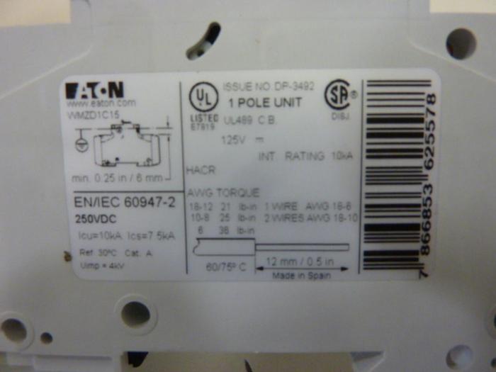 EATON CORPORATION 15 Amp Circuit Breaker WMZD1C15 #64387