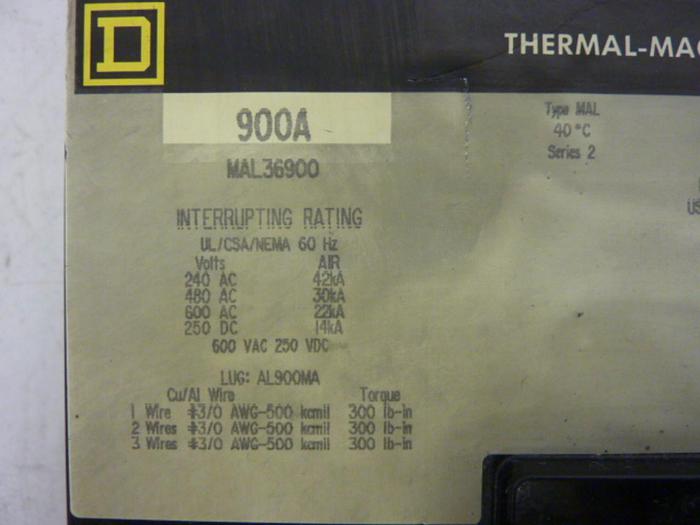 Used SQUARE D 900 Amp Circuit Breaker MAL36900 Used