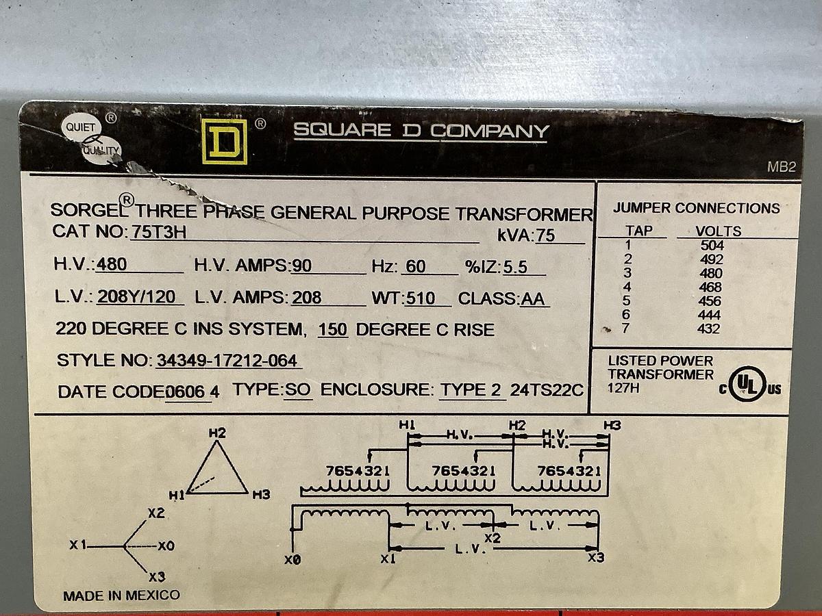 Used SQUARE D 75T3H Transformer 75 KVA Used