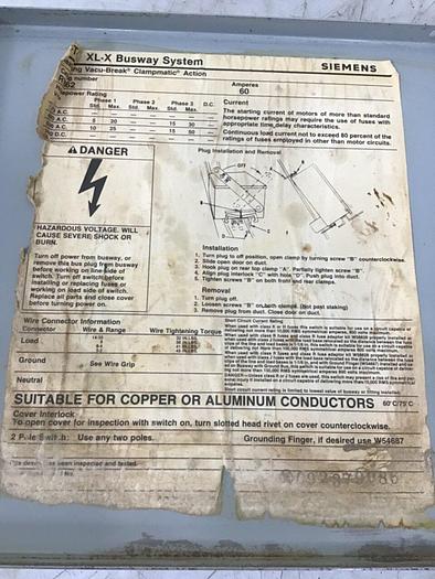 Used SIEMENS 60 Amp Buss Plug RV362 #137252