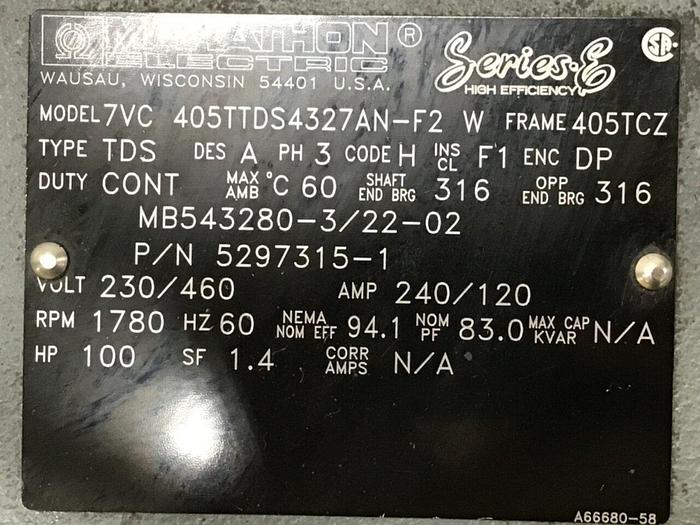 Used MARATHON 100 HP Motor 7VC 405TTDS4327AN-F2 Used