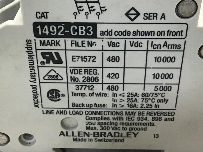 Used ALLEN BRADLEY Circuit Breaker 4 Amp 1492-CB3/G040 SER A #119614