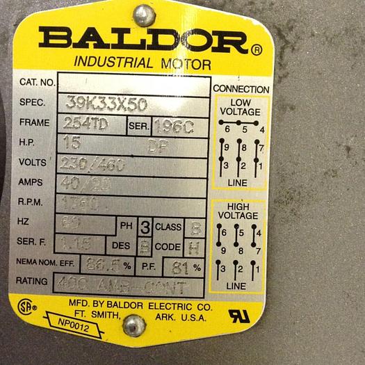 Used BALDOR 15 HP Motor 39K33X50 Used