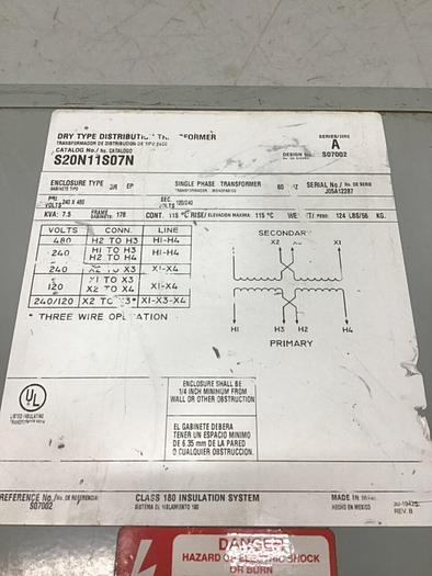 Used CUTLER HAMMER 7.5 kVA Transformer S20N11S07N #124551