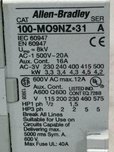 Used ALLEN BRADLEY Contactor 100-MO9NZ.31 SER A #103948