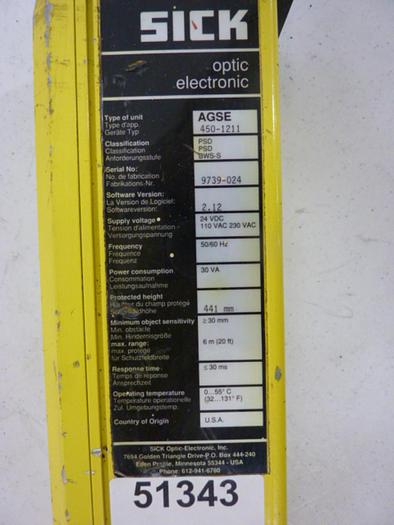 Used SICK OPTIC ELECTRONIC Light Curtain Receiver AGSE 450-1211 #51343