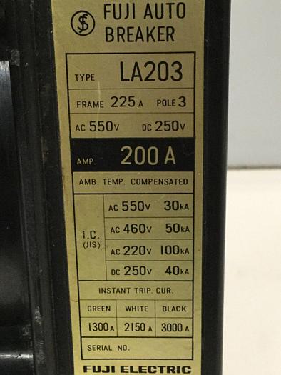 Used FUJI ELECTRIC 200 Amp Breaker LA203-200 #109303