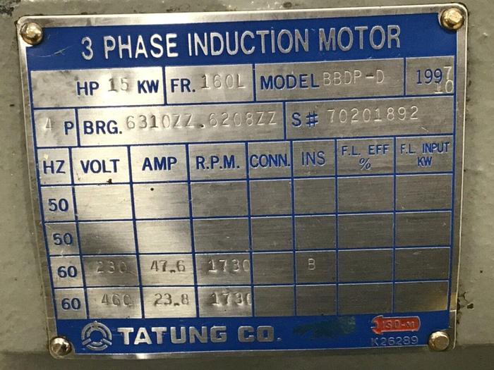 Used TATUNG 15 HP Induction Motor BBDP-D Used