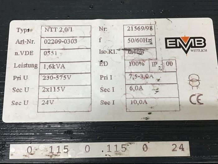 Used EMB WITTLICH 1.6 kVA Transformer NTT2.0/1 #134373