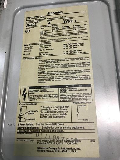 Used SIEMENS 60 Amp I-T-E Disconnect Switch JN422 #137902