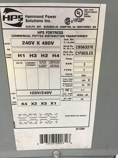 Used HPS KVA 3 Transformer C1F003LES #142888