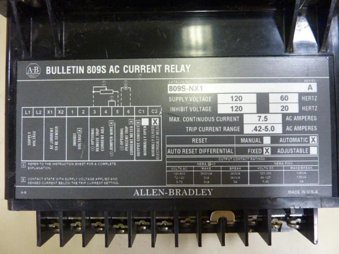 Used ALLEN BRADLEY AC Current Relay 809S-NX1 SER A #56990