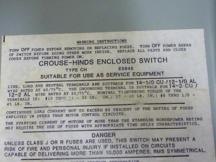 Used CROUSE HINDS 100 Amp Safety Switch HH363 #65452