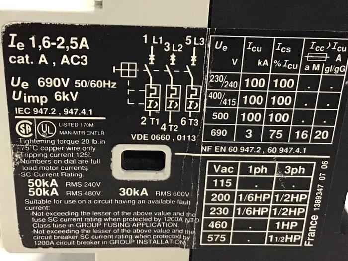 Used TELEMECANIQUE Circuit Breaker 1.6-2.5 Amp GV2-M07 #119692