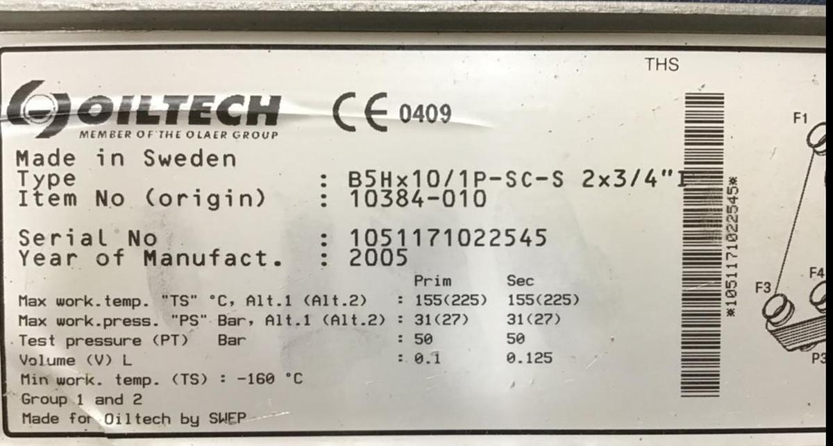 Used OILTECH Heat Exchanger B5HX10/1P-SC-S USED