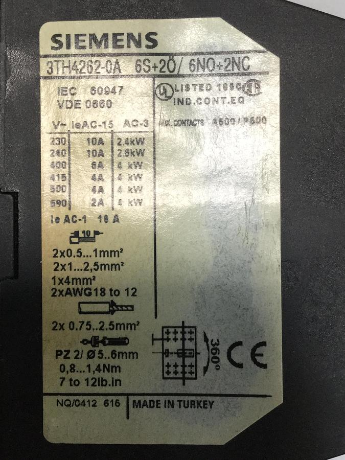 Used SIEMENS Contactor Relay 3TH4262-0A USED