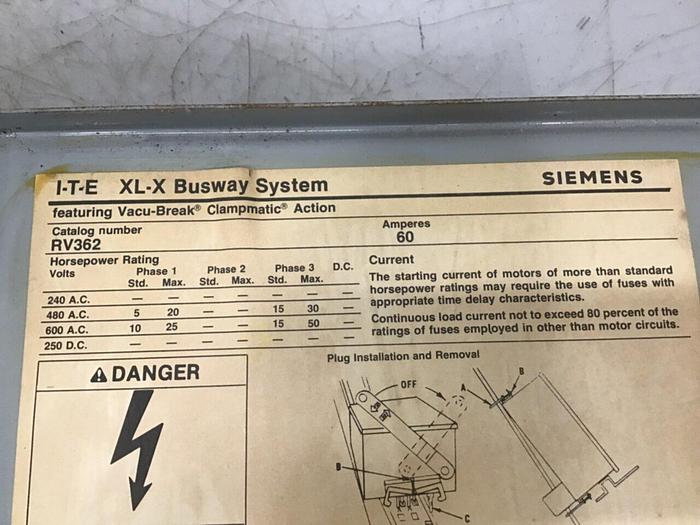 Used SIEMENS 60 Amp Buss Plug RV362 #137258