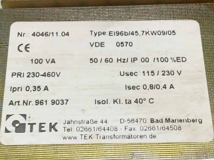 Used TEK PRODUCTS 0.1 KVA Transformer 4046/11.04 EI96B/45 #109094