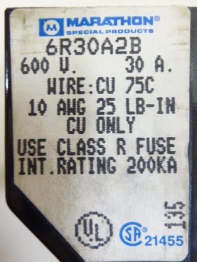 Used MARATHON 30 Amp Fuse Holder 6R30A2B #59239