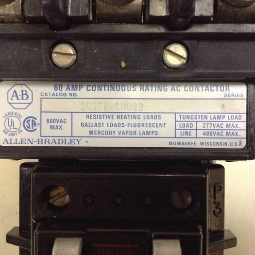 Used ALLEN BRADLEY 60 Amp AC Contactor 500FL-COD93 SER A #87772