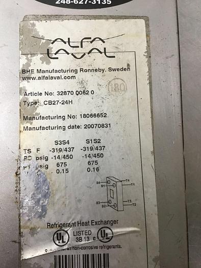 Used ALFA LAVAL Refrigerant Heat Exchanger CB27-24H #127299