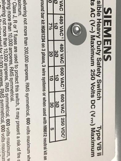 Used SIEMENS 30 Amp Safety Disconnect Switch HNF361 VBII #137843