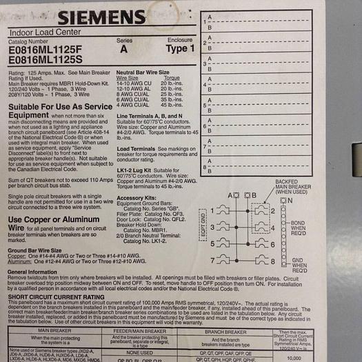 Used SIEMENS Load Center Main Lug E0816ML1125F #80511