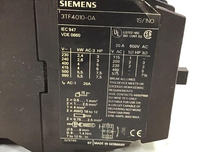 Used SIEMENS Contactor 3TF4010-0A #123994