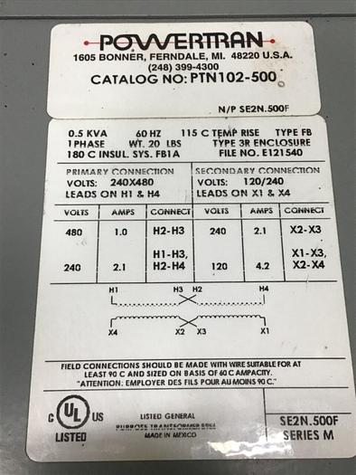 Used POWERTRAN 0.5 KVA Transformer PTN102-500 #121916