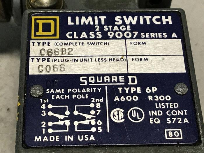 Used SQUARE D Limit Switch 9007-C66B2 #122108