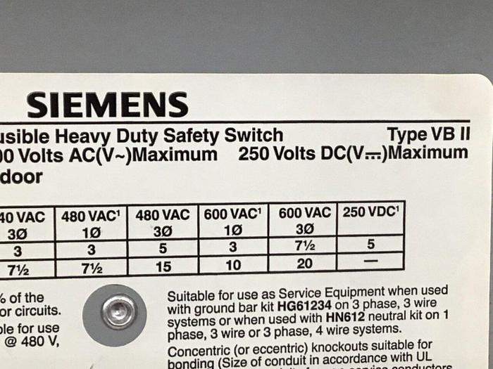 Used SIEMENS 30 Amp Disconnect Switch HF361 #120460