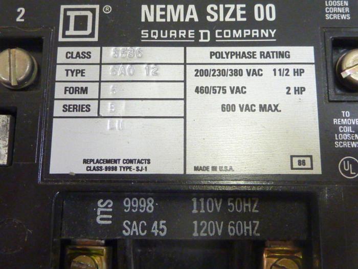 Used SQUARE D Motor Starter Size 00 8536-SA012 #44295