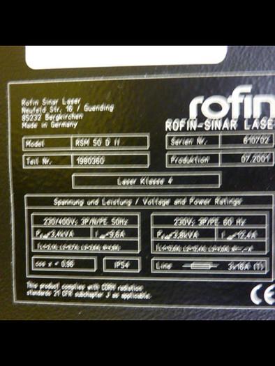 Used ROFIN Laser RSM 50 D II #62710