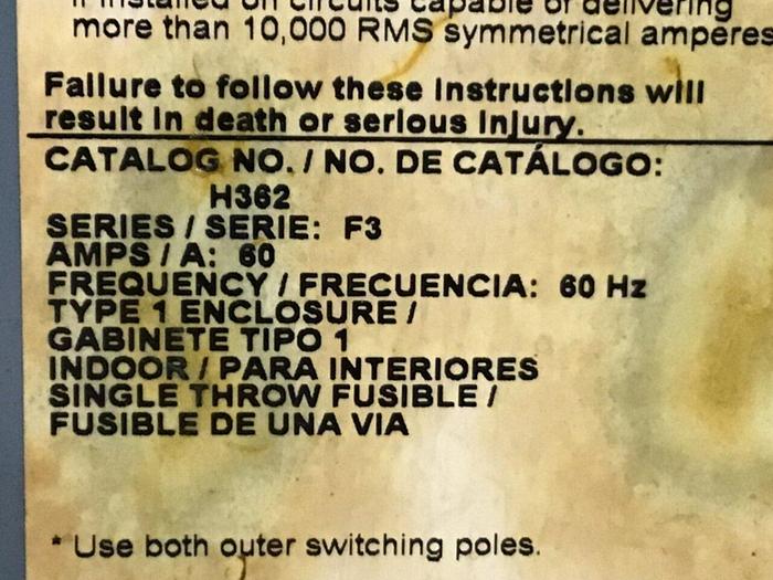 Used SQUARE D 60 Amp Safety Disconnect Switch H362 F3 #120448