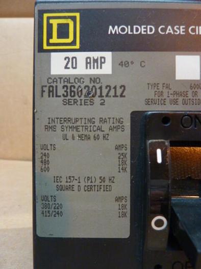 Used SQUARE D 20 Amp Circuit Breaker FAL360201212 USED