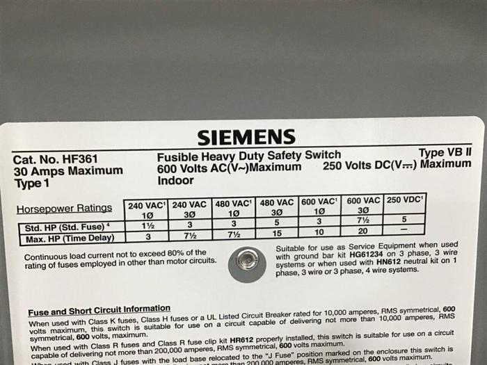Used SIEMENS 30 Amp Disconnect Switch HF361 #114817