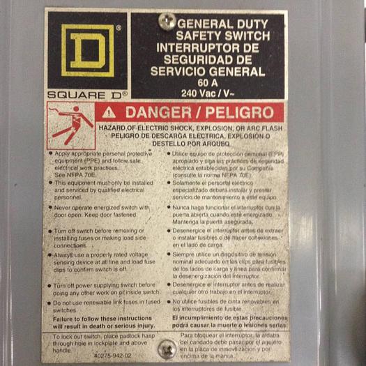 Used SQUARE D General Duty Safety Switch D322N #84472
