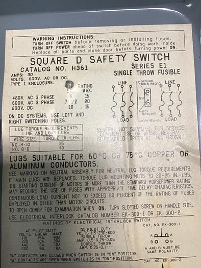 Used SQUARE D 30 Amp Safety Disconnect Switch H361 E1 #138646