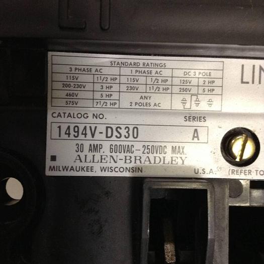 Used ALLEN BRADLEY 30 Amp Disconnect Switch 1494V-DS30 SER A #89413