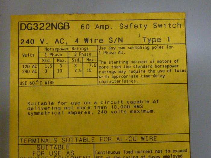 Used CUTLER HAMMER 60 Amp Safety Switch DG322NGB #84516