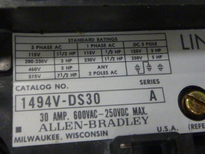 Used ALLEN BRADLEY 30 Amp Disconnect Switch 1494V-DS30 SER A #57429