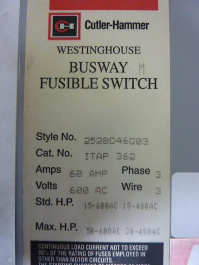Used WESTINGHOUSE 60 Amp Bus Disconnect Switch ITAP 362 #53624
