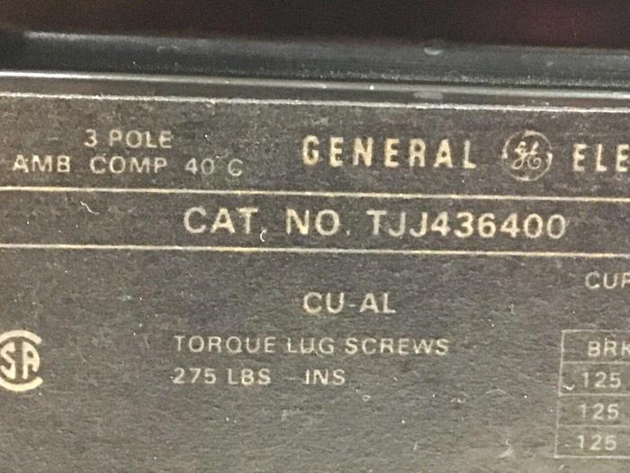 Used GENERAL ELECTRIC 400 Amp Circuit Breaker TJJ436400 USED