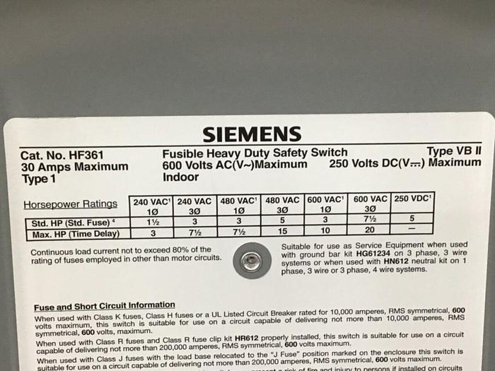 Used SIEMENS 30 Amp Disconnect Switch HF361 #114816