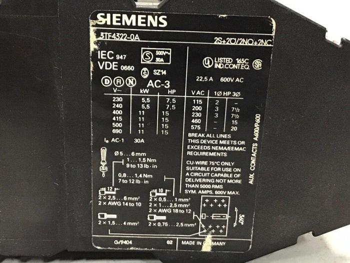 Used SIEMENS Contactor 3TF4322-0A #120698