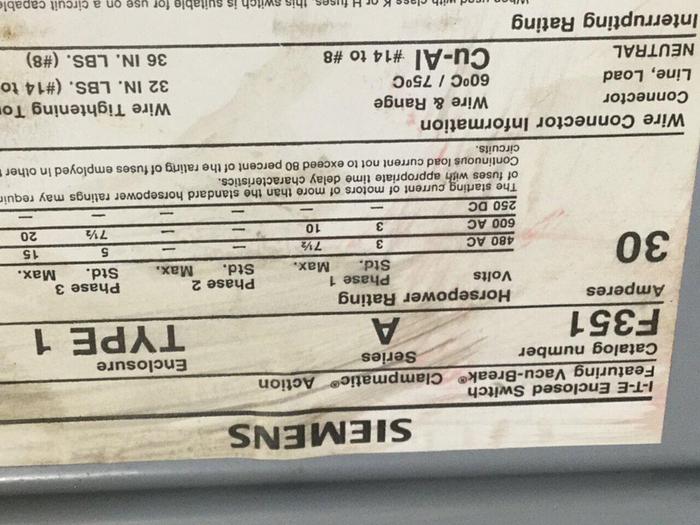 Used SIEMENS 30 Amp Disconnect Switch F351 #106563