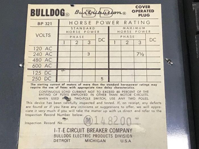Used ITE 30 Amp Bus Plug Bulldog BP321 #120376