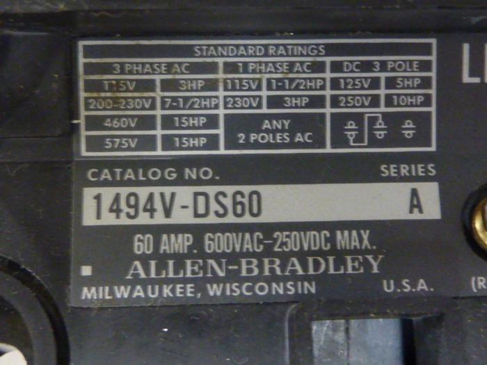 Used ALLEN BRADLEY 60 Amp Disconnect Switch 1494V-DS60 SER A #57451