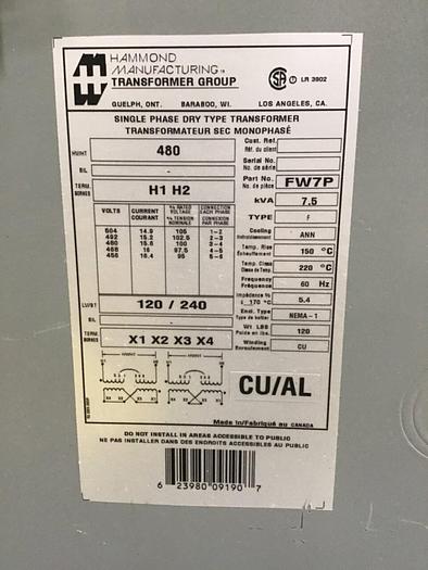 Used HAMMOND 7.5 kVA Transformer FW7P #138831